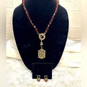 Heidi Daus Purple Beaded with Crystal drop pendant and matching earrings